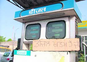 A notice saying ‘no stock of diesel’ put up at a filling station in Ludhiana