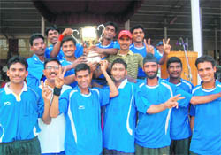 Players of the Ladakh team with the first Inter-Section Handball trophy of the ITBP in Dehradun on Thursday. In the final, Ladakh beat Almora 18-10. Ishwar Singh was declared Best Player of the Tournament. 