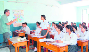 British teacher W.E. Birtle interacting with students of DAV Public School, Dharamsala, on Thursday.