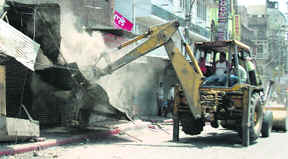 Encroachments being removed by the Municipal Corporation near the Golden Temple in Amritsar.
