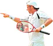 Lleyton Hewitt gestures after winning a point during his match against Juan Martin Del Potro on Thursday.
