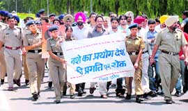 Chandigarh police and Panjab University students take out a drug awareness rally at Panjab University in Chandigarh on Friday.