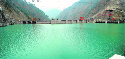 The Baglihar power project reservoir which is full to the brim. 