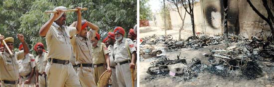 Policemen (left) with baton above their heads undergo punishment given to them by senior officials for their lax attitude at the site of the clash between labourers and cops near the Bathinda refinery on Monday; burnt vehicles lying near the Bathinda refinery