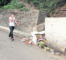 Garbage on the Mall in Shimla forces a passer-by to cover her face on Monday.