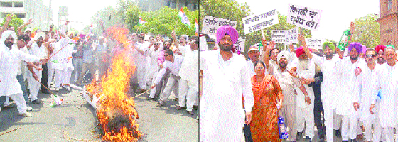 Congress activists burn an effigy of Chief Minister Parkash Singh Badal to protest against power crisis in the state in Jalandhar and (right) party workers protest in Kapurthala on Monday.