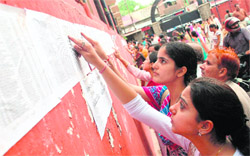 Admission seekers check their names on the first merit list at Government College for Woman in Parade, Jammu, on Tuesday.