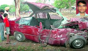 The mangled remains of the car parked at the Sector 26 police post; and (inset) Vikrant who died in the road accident on Thursday.