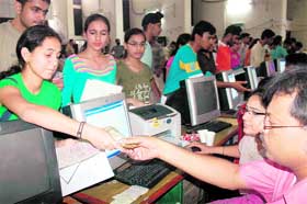 Students for counselling at GMSSS-10 in Chandigarh on Thursday.