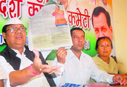 Dhirendra Pratap addresses mediapersons in Dehradun on Thursday. 