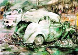 The painting of the mangled heap of an old Ambassador car lying outside a garage in Delhi.