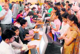 Students queue up for Class XI admissions at Government Model Senior Secondary School, Sector-10.