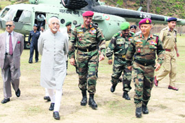 Vice-President Hamid Ansari, accompanied by Lieut-Gen PC Bhardwaj, Army Commander, Northern Command, and other senior officers in Jhanger at Nowshera in Rajouri district on Saturday. 