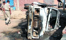 A Delhi police Gypsy was burnt by the residents of Janta Vihar at Swaroop Nagar in New Delhi