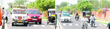 Vehicles negotiate speed breakers on a busy section of the National Highway 10 in Hisar.