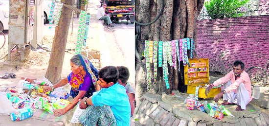 Children below 18 years selling tobacco products; and (right) Anti-Tobacco Act stands violated as a cigarette vendor fails to put up instructions pertaining to tobacco sale in Ludhiana.