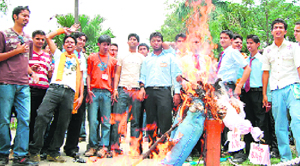 Activists of the ABVP burning an effigy of principal of Government College at Dharamsala on Tuesday.