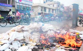 POLLUTION GOES UNCHECKED: Disposable plates being burnt in the open on the Kunjpura road in Karnal