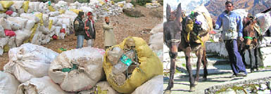 Mounds of bags with plastic waste at Joshimath in Chamoli; and (right) a ragpicker carrying garbage on mules in Badrinath.
