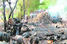 This is what remains of two trucks which caught fire after a collision on the Hansi-Hisar road, 30 km from Bhiwani, on Thursday.