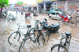 A view of area near Shaheed Jarnail Singh Chowk in Bathinda after downpour on Thursday afternoon.