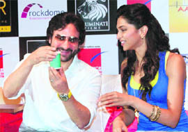 Bollywood actors Saif Ali Khan and Deepika Padukone during a visit to promote their film, Love Aajkal, in Gurgaon on Friday.