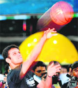 Rahul Dravid is seen during a promotional basketball event in Mumbai on Friday.