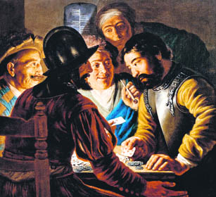 Rembrandt was Jan Lievens model for the jovial central figure who is wearing a blue cloak in his painting The Cardplayers