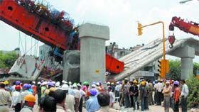 SCENE AT ACCIDENT SITE: An under-construction Delhi Metro flyover collapsed near Lady Shri Ram College in New Delhi on Sunday morning
