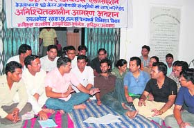 Rishikul Medical College junior doctors on strike at the college campus