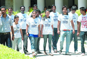 Students participate in the anti-ragging campaign at Hindu College in New Delhi on Thursday.