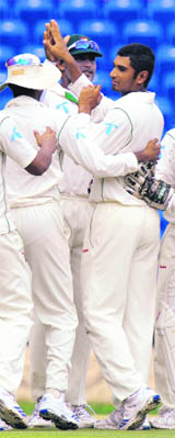 Bangladeshs Mahmudullah celebrates after dismissing Dale Richards on Friday.