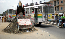 A heap of silt near Hanuman Chowk blocking the smooth flow of traffic in Bathinda on Monday.