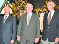 From left: Buzz Aldrin, Neil Armstrong and Maj-Gen. Michael Collins pose for a portrait in front of a lunar module device at the Smithsonian National Air and Space Museum in Washington on Sunday.