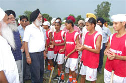 Union Minister of Sports Manohar SIngh Gill interacts with young hockey players of Baba Uttam Singh National Hockey Academy, Khadoor Sahib in Tarn Taran. 