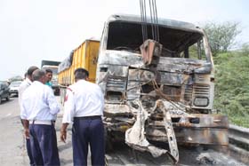 The mangled truck hit by the car at Manesar in Gurgaon