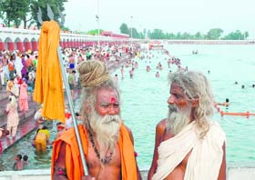 Sadhus from Fatehpur, UP, at Brahm Sarovar in Kurukshetra