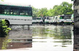 This is how the State Road Transport Corporation workshop in Jammu looked like after a downpour on Tuesday.