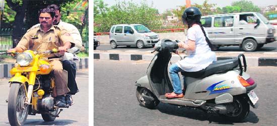 Two police personnel without helmets on a bike in Jammu; and (right) A girl uses a cellphone while driving