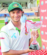 SKIPPERS SHOW: Bangladesh captain Shakib Al Hasan with the trophy after winning the second and final Test against West Indies on Tuesday.