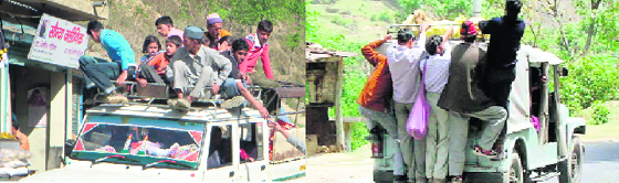 In the absence of adequate bus service, private jeeps carry more passengers than allowed on hill roads.