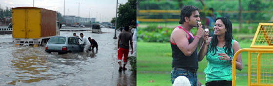 (Left) Vehicles stuck on the waterlogged Hero Honda Chowk after the downpour in Gurgaon on Thursday. (Right) A couple enjoys the weather at Rajpath in New Delhi.