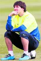 Barcelonas Argentinian player Lionel Messi during a training session at Bisham Abbey Sports Centre in Marlow, in southern England, on Thursday.
