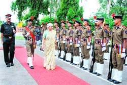 Delhi Chief Minister Sheila Dixit inspects the guard of honour at the founders day of Sainik School, Kunjpura, on Friday. A Tribune photograph