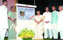 Lok Sabha Speaker Meira Kumar, CM Sheila Dikshit, Congress MP Rahul Gandhi and other party leaders at the release of a stamp on veteran freedom fighter Ram Charan Agarwal at Parliament House in New Delhi