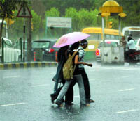 Students caught in the heavy rain.