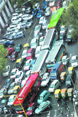 A massive traffic jam at Connaught Place in New Delhi.