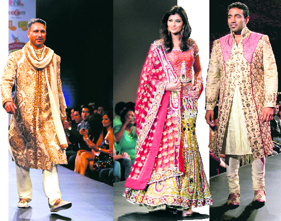 Indian Golfer Jeev Milkha Singh presents a creation by designer Rocky.S at the BFW finale.  Actor Sayali Bhagat presents creation by Neeru and Harish. Cricketer Robin Uthappa presents creations by Sanjay and Shammy Choraria.