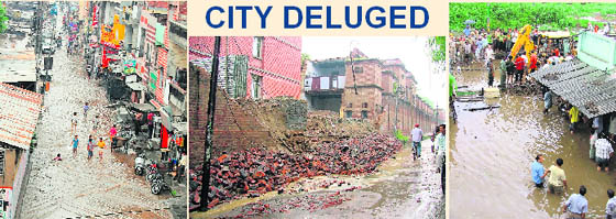 An inundated street of Prem Nagar in old Ludhiana area; Collapsed wall of girls’ hostel at the CMC; A JCB machine tries to clear clogged street in the Dukh Nivaran Gurdwara area