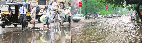 Commuters have a harrowing time crossing the road near Vishkarma Chowk; and MC employees clean sewerage on a waterlogged road near Bharat Nagar Chowk.